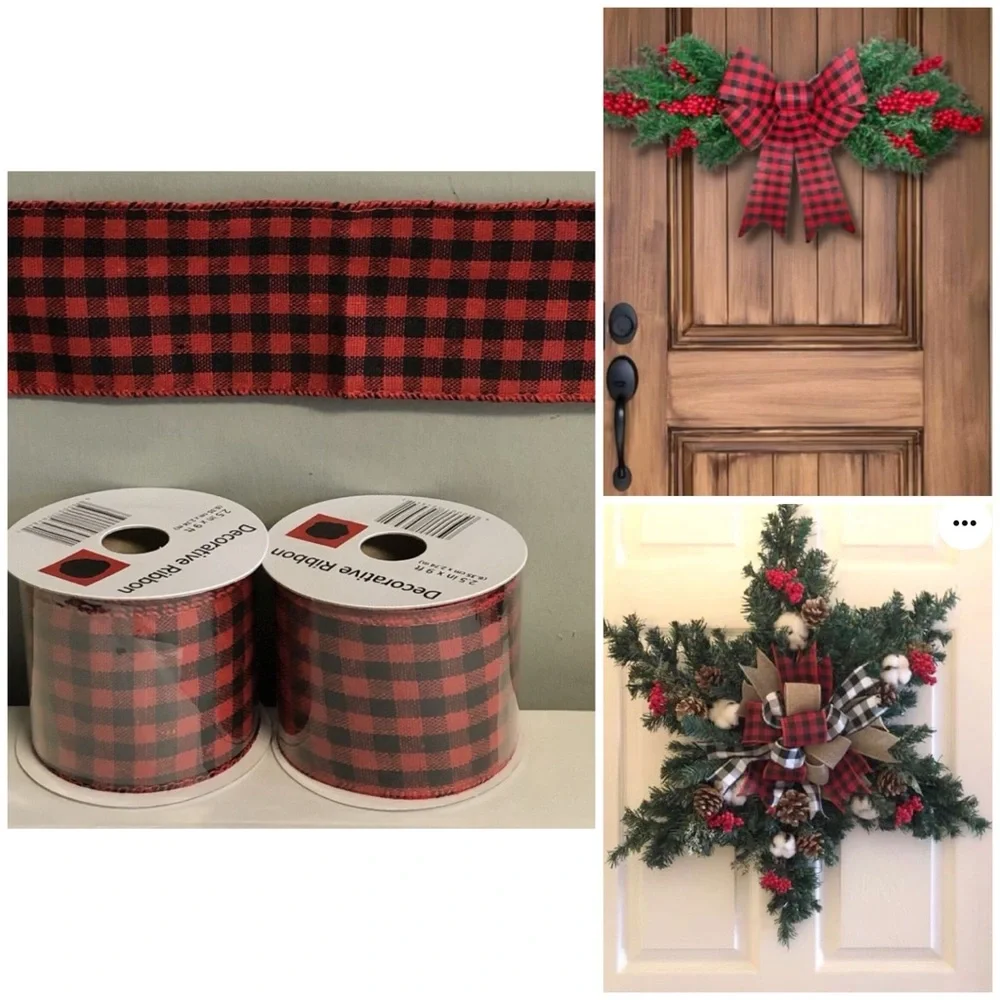 Red Black Buffalo Plaid Ribbon -2.5 in x 9 Ft , Wired Edge, Lot Of 2 PCs - Picture 1 of 5